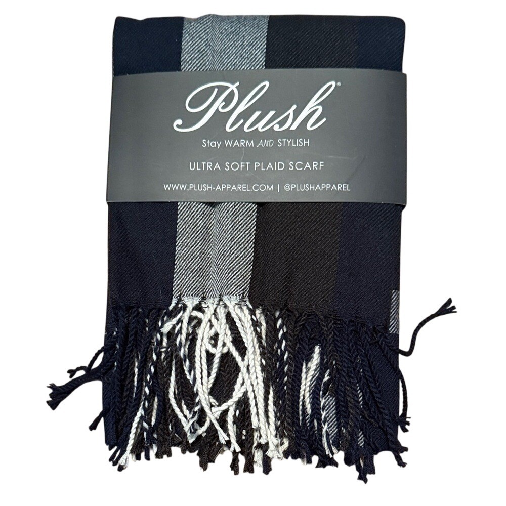 Plush Ultra Soft Plaid Scarf Navy Charcoal White Fringe Wrap PAP-FA-004 NEW
